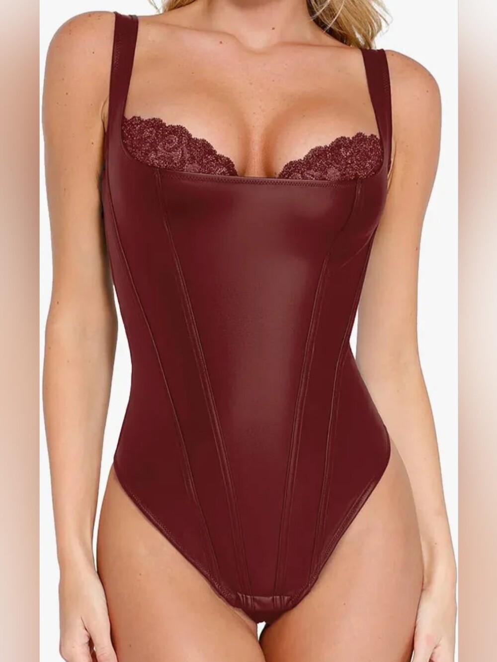 Popilush Faux Leather Lace Shapewear Bodysuit Tummy Control Thong Underwire Sz M